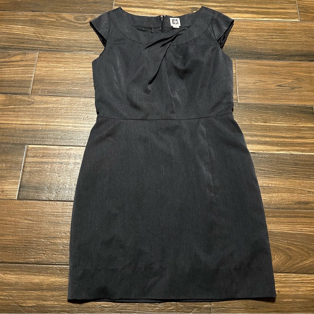 Anne Klein Dark Gray Dress 8 Pleated Neck Short Sleeve‎